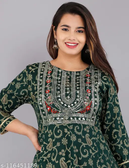 Jaipuri printed rayon anarkali kurti, three-quarter sleeves, gold and sequin embellishments, Indian ethnic wear for women
