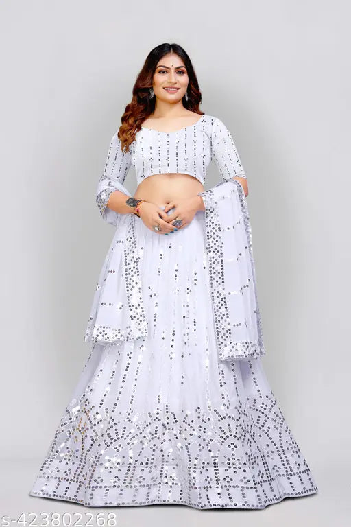 Embroidered Georgette Lehenga Choli & Dupatta - Indian semi-stitched 3-piece set (43in waist)