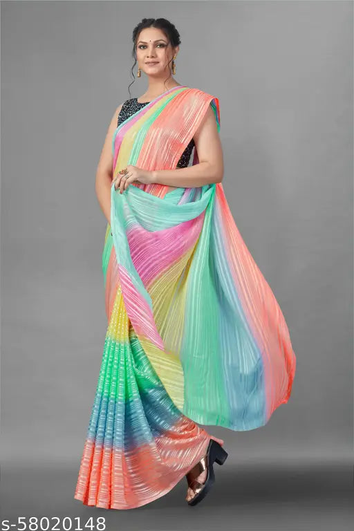 Multicolored weigghtless printed saree, unstitched blouse with sequin embellishments