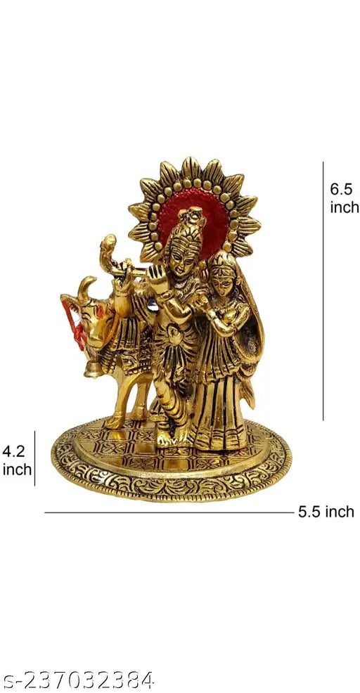 Metal Radha Krishna cow idol set, Indian artistry for home decoration and office temple gifting, Luck, Happiness & Prosperity, size 13x10x16.5cm