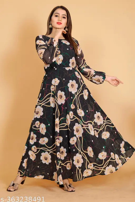 Black georgette anarkali kurta with floral pattern and full sleeves