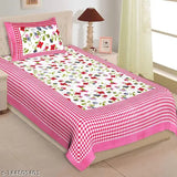 Pink & white checkered cotton bedsheet with floral print, 2 pillow covers - 344809401