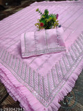 Pink embroidered georgette sari with a CPallu, embellished with sequins