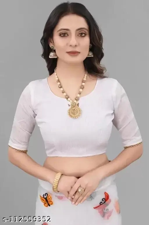 White net saree with embroidered solid blouse, unstitched for personalized fit, Indian fashion accessory