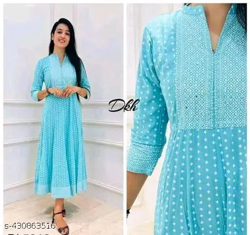 Viscose rayon large anarkali kurti with three-quarter sleeves, printed combo. Extra size for 46" bust, 50" length. India-made on model