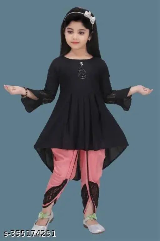 Black and peach embellished net Rayon party dhoti kurta set for girls (size: 5-6 years)