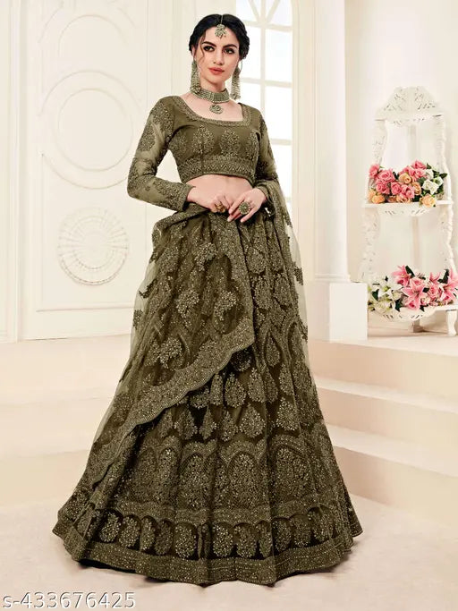 Elitevibe women's chain embroidered free size lahenga choli & dupatta, Aari work and semi-stitched in net fabrics
