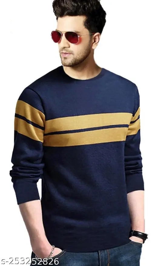 Navy blue cotton blend long sleeved men's striped t-shirt by LEOTUDE, casual wear for various occasions