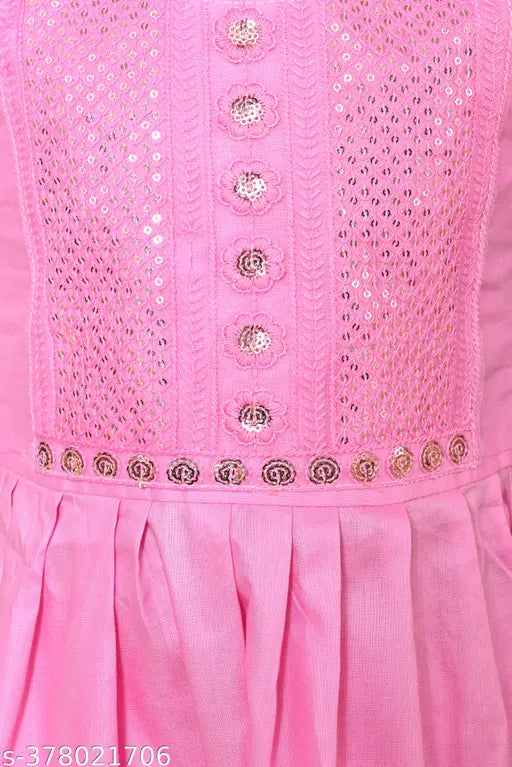 Pink cotton blended embroidered Kurta set with straight-fit pants, suitable for parties and birthdays. Two-piece Indian ethnic wear ensemble, featuring Nyra cut design and three-quarter sleeves. Cotton fabric ensures comfort and breathability