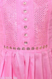 Pink cotton blended embroidered Kurta set with straight-fit pants, suitable for parties and birthdays. Two-piece Indian ethnic wear ensemble, featuring Nyra cut design and three-quarter sleeves. Cotton fabric ensures comfort and breathability