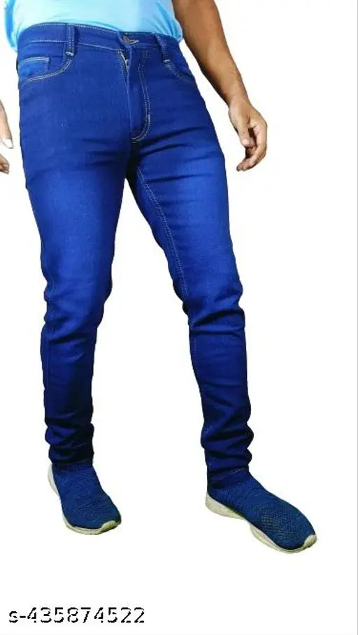 Men's blue denim jeans, slim fit, stretchable fabric - India-made solid blue jeans (size 28, 30, 32, or 34)