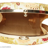 Gold and tan metallic hand clutch with fabric lining, flower print, for women, suitable for parties and events
