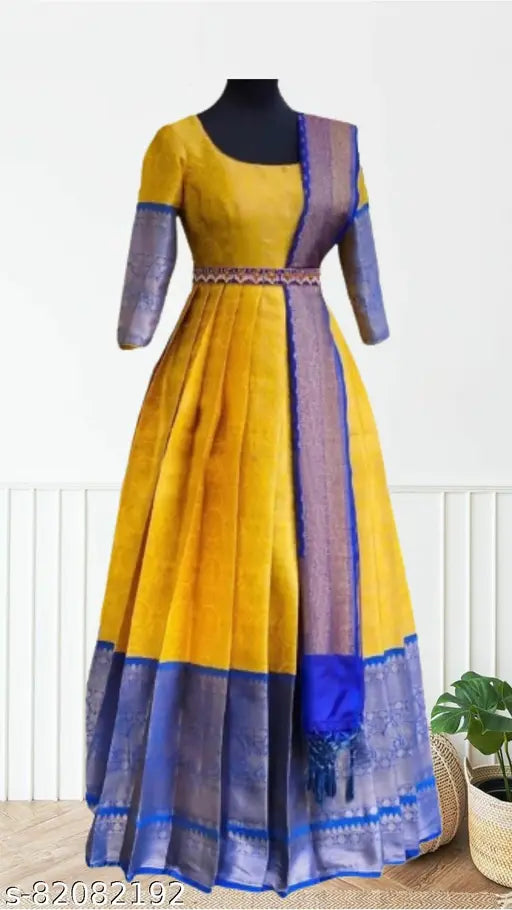 Jacquard three-quarter sleeve women's gown, Indian handcrafted Zari woven net dress with matching dupatta, XS to XXXL sizes
