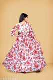 Pink rayon Georgette Anarkali gown with three-quarter sleeves, printed net pattern, trendy ethnic wear for women aged 9-10 years