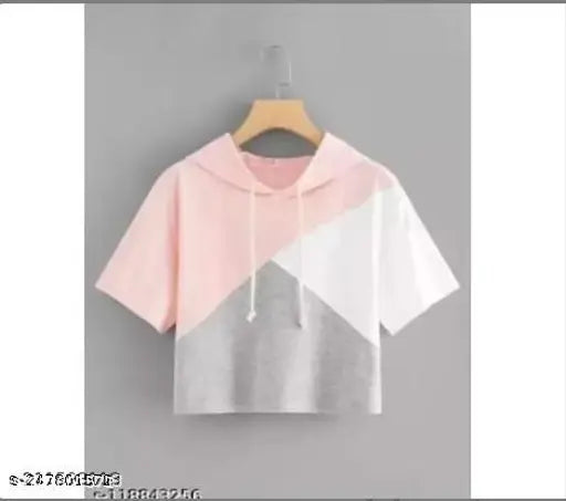 Maroon cotton blend color-blocked half-sleeve hoodie for women and girls party wear, triangular design