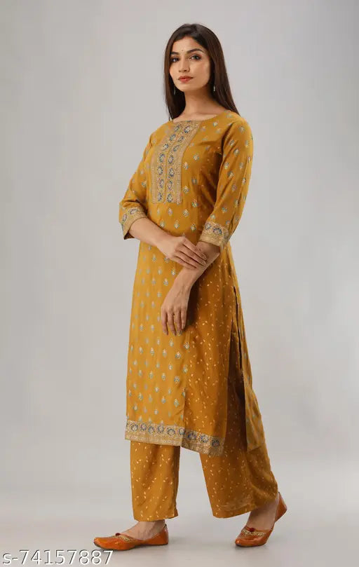 MAUKA Women's Rayon Gold Foil Printed Kurta & Palazzo Set (2pcs), India-made, perfect for diverse skin tones
