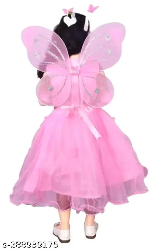 Pink embellished net fairy princess dress with butterfly wings and hair band for girls (sizes: 2-3yrs, 3-4yrs, etc.) from India
