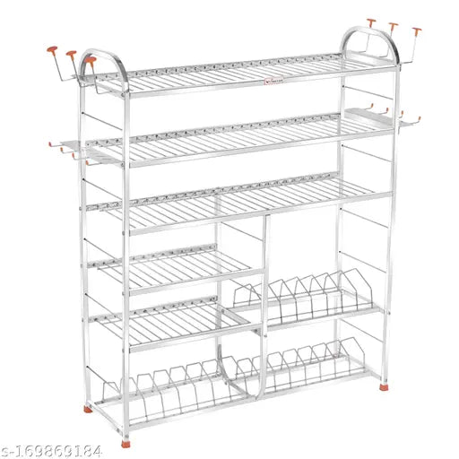 Stainless steel wall-mounted kitchen rack with six shelves, lower three plate dish racks