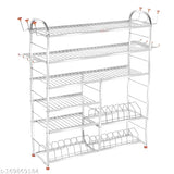 Stainless steel wall-mounted kitchen rack with six shelves, lower three plate dish racks