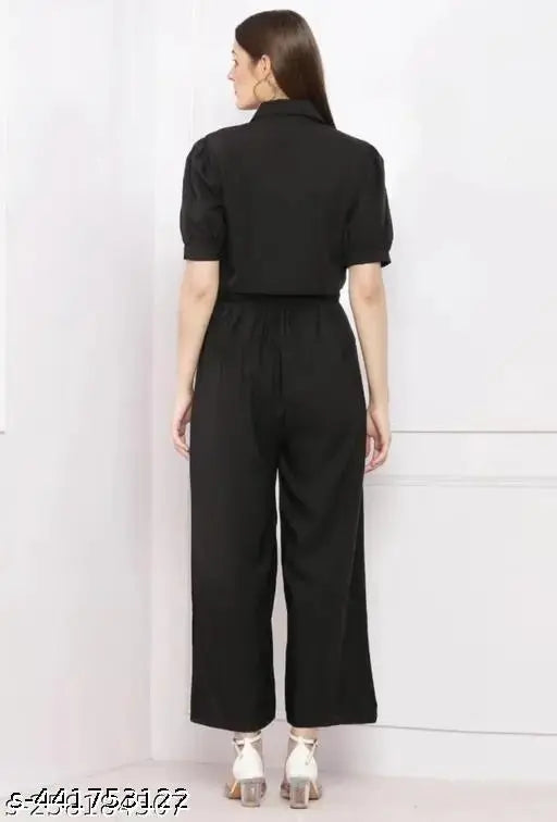 Crepe sleeved, unique 2pc jumpsuit with shrug for girls in solid polyester. Available in sizes XS-M, originating from India