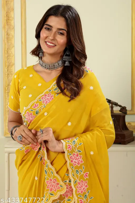 Georgette yellow sari with embroidered border, unstitched blouse