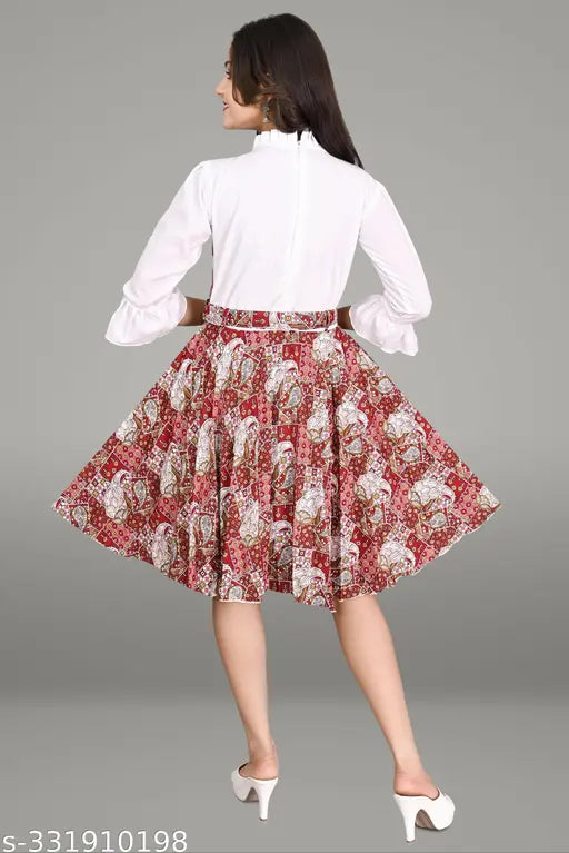 Western style frock, knee length with short sleeves, floral print, red and pink colors, midi skirt, ideal for parties and casual outings