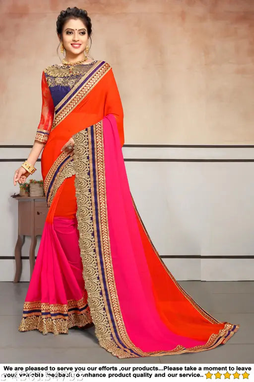 Pink, red and gold saree with georgette embroidery