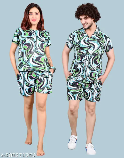 Green abstract cotton lycra coord set for men and women, Ansh Collection designer nightsuit combo for couple - comfortable sleepwear with free scrunches, beautifully printed and easy to hand-wash, India origin