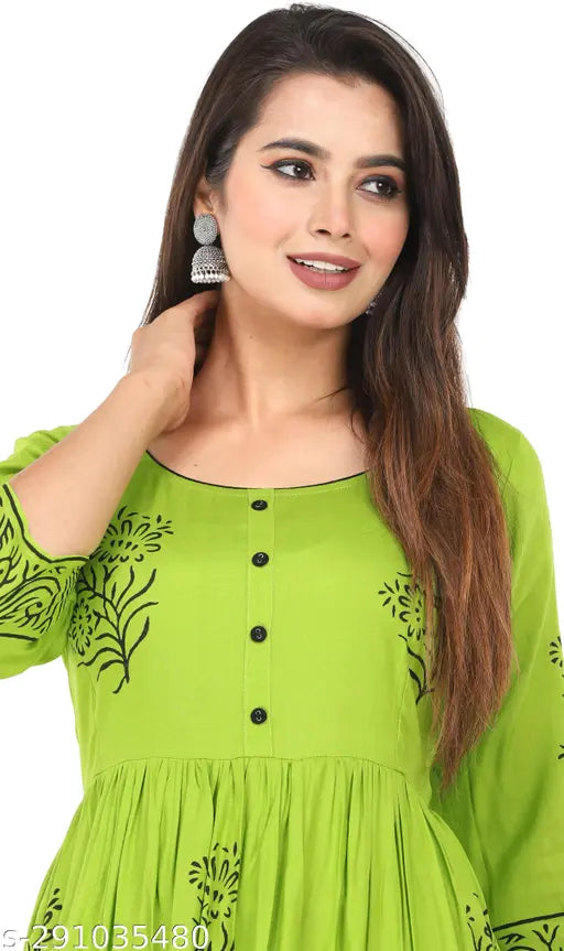 Green rayon hand block print kurta