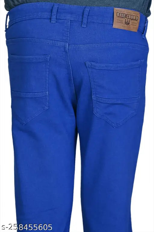 Mens black denim jeans, solid denim, men's royal blue denim jeans on display, available in sizes 28, 30, 32, 34, 36, 38, 40 (waist sizes: 15, 16, 17, 18, 19, 20, 20; length size: 41 in), made in India