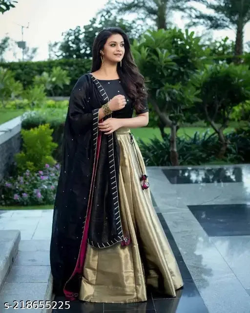 Embroidered satin-silk lehenga set with chiffon dupatta and lace details, Indian wedding festival style for women