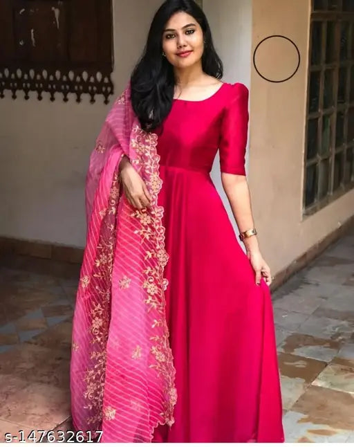 American Blues Fensy Gown with Dupatta: Georgette maxi dress with embroidered dupatta, casual wear in solid fox georgette