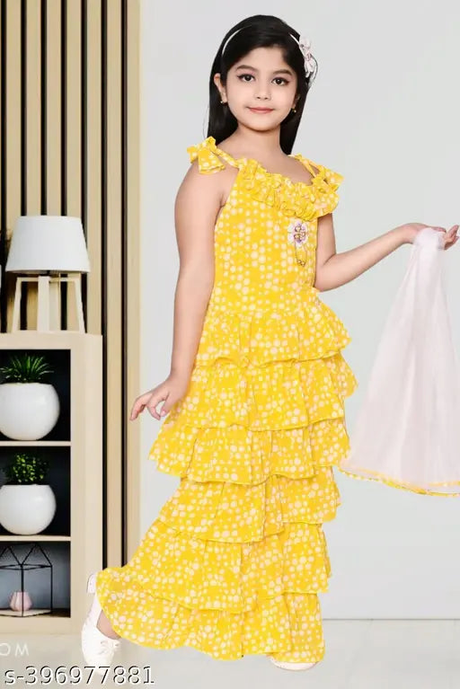 Yellow chiffon kurta & palazzo set with dupatta, Indian festival special for girls aged 3-9 years
