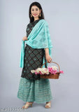 Black and white striped regular cotton Rayon kurta with dupatta set