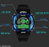 Kids watch with blue digital display, black strap, green accents, stop button and date indicator