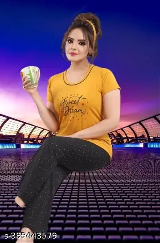 Yellow cotton hosiery nightwear suite by Daley Wear, short-sleeve pyjama set with printed design, comfortable and soft for daily use