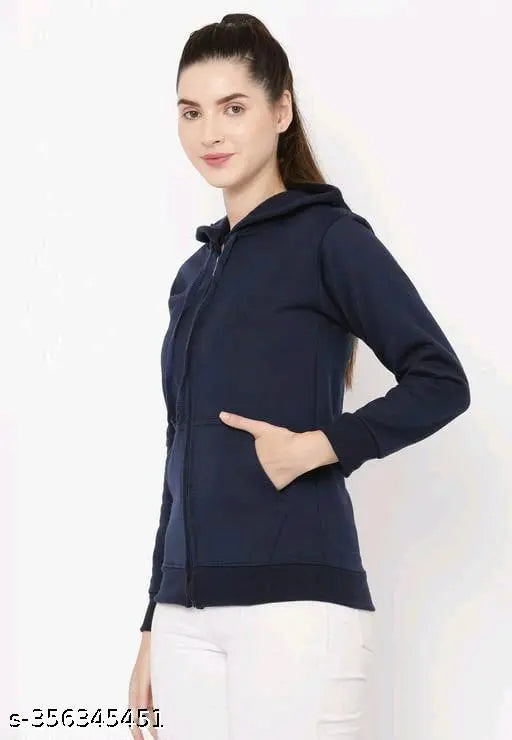 Stylish women's plain hoodie jacket, fleece, long sleeves, solid black, front open zip, India origin