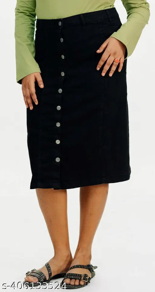 Black denim skirt with buttons, straight cut