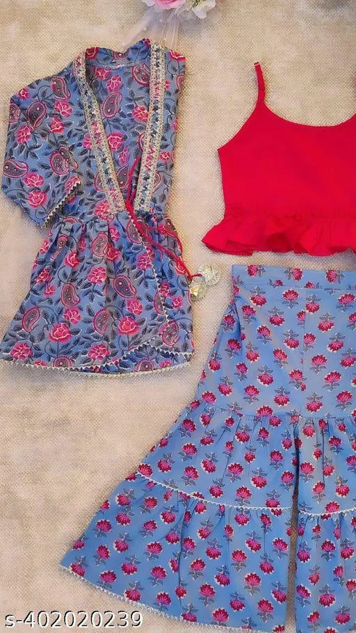 Bright printed A-line kurti set with sharara & jacket in cotton, 13-14 Years size, Indian ethnic wear