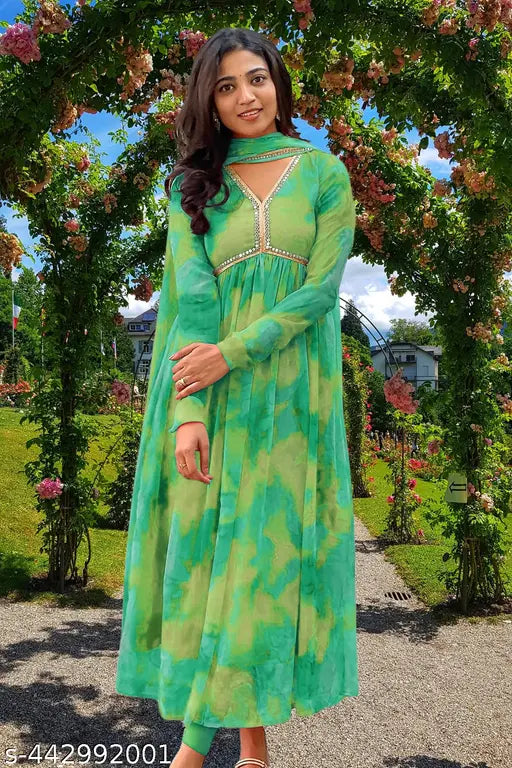 Georgette floral print Anarkali kurta set, vibrant colors including black, bottle green, purple. Semi-stitched, high quality ethnic wear for women parties and weddings