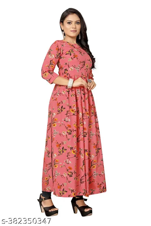 Anarkali crepe kurtis, printed combo, three-quarter sleeves, Indian traditional fashion for women's wardrobe. S (36in, 50in), M (38in, 50in), L (40in, 50in), XL (42in, 50in), XXL (44in, 50in)