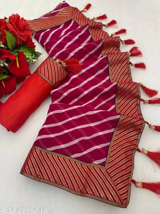 Vibrant pink Shibori georgette silk saree with matching blouse and lace details