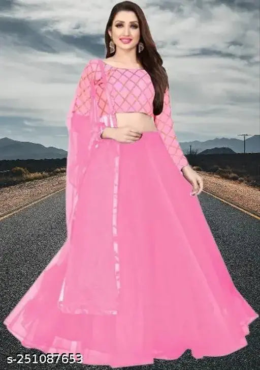 Embroidered art silk and net checkered lehenga choli with matching dupatta, semi-stitched, free size (44in waist, 45in length, 2m long)