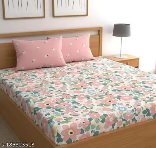 Glace Cotton, floral-patterned, double king size elastic fitted bedsheet with 2 pillow covers, fits up to 10" mattress - Summer home decor