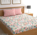 Glace Cotton, floral-patterned, double king size elastic fitted bedsheet with 2 pillow covers, fits up to 10" mattress - Summer home decor