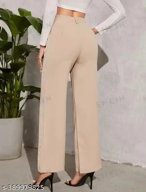 Khaki wide-leg trousers, long sleeves, fitted waist