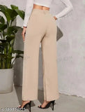 Khaki wide-leg trousers, long sleeves, fitted waist