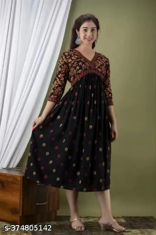 New Designer Black Rayon Floral Printed Anarkali Kurta for Women's Party Wear - trendy, printable pattern, gentle machine wash