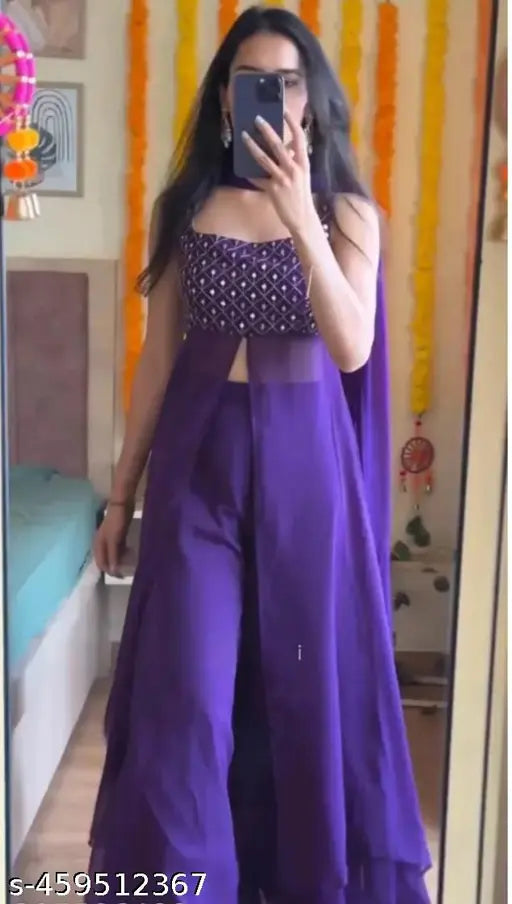 Georgette kurta with dupatta and bottomwear, solid-patterned Indian fashion set featuring three-quarter sleeves