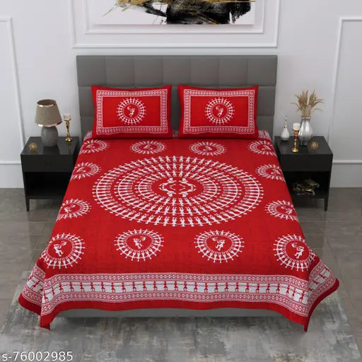 Jaipuri printed cotton double bedsheet with 2 pillow covers, premium quality, skin-friendly tribal design, ideal for summer, hand wash in cold water